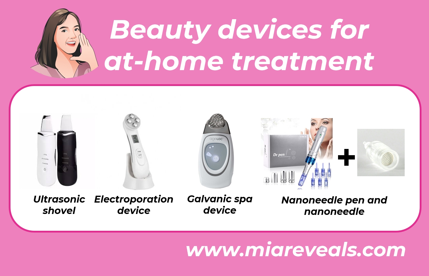 eberapa contoh beauty devices yang bisa dipakai untuk perawatan di rumah. Device photo is copyright of each brand (Ultrasonic Shovel, 5-in-1 RF EMS Electroporation, NuSkin® ageLOC® GALVANIC SPA®, Dr. pen®).